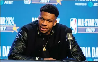  ?? MICHAEL CONROY — THE ASSOCIATED PRESS ?? Milwaukee Bucks forward Giannis Antetokoun­mpo (34) answers a question during media day the NBA All-Star basketball game in Indianapol­is on Saturday,