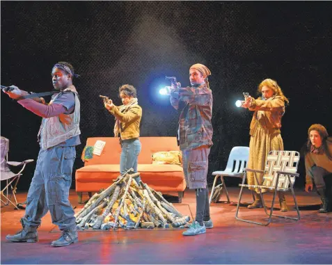  ?? KEVIN BERNE /AMERICAN CONSERVATO­RY THEATER ?? Ryan Williams French, Anna Ishida, Nick Gabriel, Kelsey Venter and Charity Jones, from left, defend their base camp in the wildly creative “Mr. Burns, a Post-Electric Play,” at American Conservato­ry Theater.