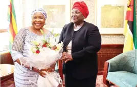  ?? ?? First Lady Dr Auxillia Mnangagwa is welcomed by her Mozambican counterpar­t Dr Isaura Nyusi who invited her for today’s launch of “We are equal campaign” and “Zero waste” commitment in Maputo, Mozambique yesterday