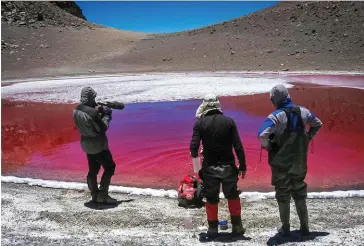  ??  ?? Rouge sang. Pour résister aux puissants ultraviole­ts, les algues du lac du volcan Aguas Calientes se sont pigmentées.