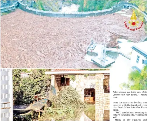  ??  ?? The flooded house where nine people of the same family died after a small river burst its banks in Casteldacc­ia near Palermo on the southern Italian island of Sicily. — AFP photo Fallen trees are seen in the water of the Comelico dam near Belluno.— Reuters photo