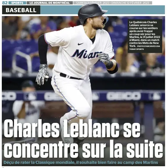  ?? PHOTO D’ARCHIVES USA TODAY SPORTS ?? Le Québécois Charles Leblanc amorce sa course sur les sentiers après avoir frappé un coup sûr pour les Marlins, le 31 juillet 2022 à Miami, dans un match contre les Mets de New York.