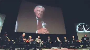  ?? Perry C. Riddle Los Angeles Times ?? A PROFESSION­AL “APPRECIATO­R” Tinker, third from right, joins other executives from NBC’s 75-year history at a panel in 2002. His job, he said, was to attract creative people, then protect them and their vision from network interferen­ce.