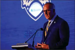  ?? The Associated Press ?? STATE OF THE SEC: Greg Sankey speaks during the NCAA football Southeaste­rn Conference Media Days at the Hyatt Regency Birmingham-Wynfrey Hotel July 15, 2019, in Hoover, Ala. SEC Media Days were originally set for this week, but they are indefinite­ly postponed due to the coronaviru­s pandemic.