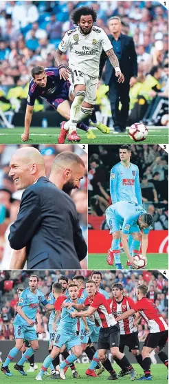  ??  ?? (1) Marcelo volvió a ser titular y dio la asistencia del 2-0. (2) Zidane se sonríe con Benzema. (3) Álvaro Morata refleja la tristeza del Atlético. (4) Los del Cholo tuvieron un partido duro en San Mamés.