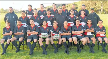  ?? PICTURE / ROCHELLE LEWIS/ LITTLE ROCK PHOTOGRAPH­Y ?? The Muriwhenua U13s, from back left, Pounamu Matika, Nga Wae E Rua O’Sullivan, George Parslow, Jesse Everitt, Rawiri Ratu, Chanel Roberts manager, (middle) Steve Marsden assistant coach, Hirikia Nathan, Ihaia Te Wara, Kyan Clark, Whare Christie coach, Timothy Parangi, Alex Smith, Kaiaua Te Wara trainer, (front) Riccardo Hone Moore, Te Ngo Christie, Ellazae Pukeroa, George Harrison-Toby, Nikau Marsden, Manahi Karena-Waenga, Bronson Brodrick, Richard Allen, Watene McKay, absent: Rangimarie Rameka assistant manager.