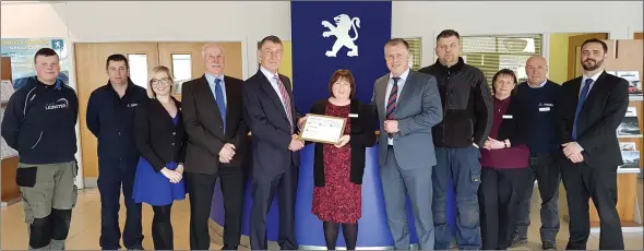  ??  ?? From left: Jack Harris, Apprentice Technician, Trinity Peugeot; Brendan Furlong, Technical Advisor, Trinity Peugeot; Éilish Coady, Reception, Trinity Peugeot; Sean Kearns, Head of Aftersales at Gowan Distributo­rs Limited; Jonathan Ralph, MSX...