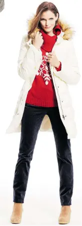 ??  ?? Puffer long coat in ivory, $ 199 US, big snowflake button turtleneck in red/ vanilla crème, $ 99 US, straight- leg slimming corduroy five- pocket pant in black, $ 89.50 US, Andrea suede pullon wedge bootie, $ 179 US, all from Talbots, available online...