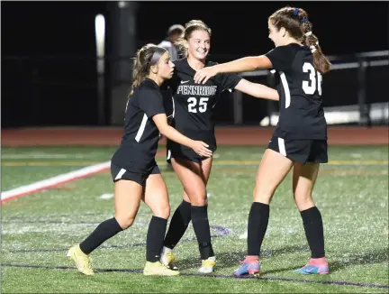  ?? MIKE CABREY — MEDIANEWS GROUP ?? Pennridge’s Joey Tomlinson (3), Sophie Craig (25) and Liv Grenda (36) celebrate after Tomlinson’s goal in the first half against Council Rock South on Sept. 28.