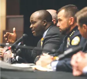  ?? STAFF PHOTO BY ERIN O. SMITH ?? Hamilton County Schools Superinten­dent Bryan Johnson speaks during a town hall meeting Monday about several measures local schools have taken for safety purposes. The meeting was open to the general public to attend and ask questions of local officials.