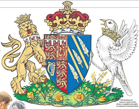  ??  ?? The Duchess of Sussex’s coat of arms shows a songbird and quills to represent communicat­ion