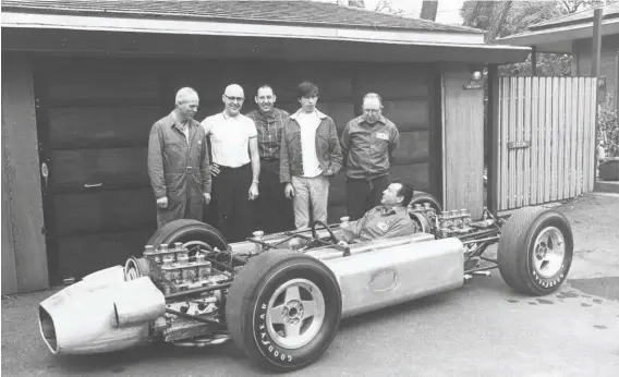  ??  ?? Above: Group photo of the primary crew members taken at the Stein home. Left to right: Bert Trubody, Skeets Jones, Jay Eitel, Al Stein Jr, Al Stein, with Bill Cheesbourg in the car