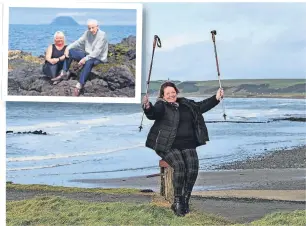  ?? ?? Final journey Sharon pictured at Ballantrae Harbour with her dad Gary’s walking sticks and, inset, the pair together with Ailsa Craig in the background