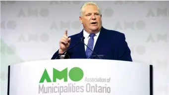  ?? ADRIAN WYLD THE CANADIAN PRESS ?? Premier Doug Ford speaks at the Associatio­ns of Municipali­ties Ontario conference in Ottawa on Monday, where he announced funding changes that would see municipali­ties pay 20 per cent of the cost of new daycare spaces and 30 per cent of the cost of public health programs.