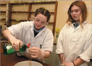  ??  ?? Leah Lehane and Eva Civita undertake an experiment at the Millstreet Community School Open Night. Picture John Tarrant