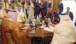  ?? KHALED ELFIQI / POOL / VIA AP ?? Clockwise from left: Saudi Foreign Minister Adel al-Jubeir, UAE Foreign Minister Abdullah bin Zayed al-Nahyan, Egyptian Foreign Minister Sameh Shoukry and Bahraini Foreign Minister Khalid bin Ahmed al-Khalifa meet in Cairo.