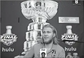  ?? [JOHN LOCHER/THE ASSOCIATED PRESS] ?? Vegas Golden Knights center William Karlsson speaks Sunday during an NHL hockey media day for the Stanley Cup in Las Vegas.