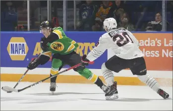  ?? STEVEN MAH/SOUTHWEST BOOSTER ?? Forward Carter Chorney (left) made his home debut on Saturday after being acquired from the Spokane Chiefs. The St. Albert product had three points in his first five games with the Broncos.