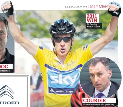  ??  ?? 2011 WIN Sir Bradley wins in France COURIER Simon Cope before MPs yesterday
