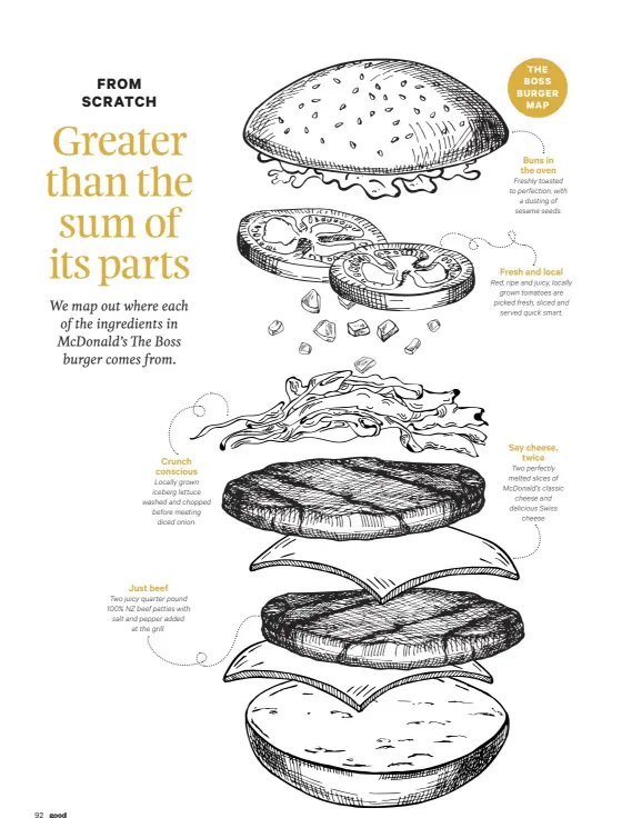  ??  ?? Locally grown iceberg lettuce washed and chopped before meeting diced onion. Two juicy quarter pound 100% NZ beef patties with salt and pepper added at the grill. THE BOSS BURGER MAP Freshly toasted to perfection, with a dusting of sesame seeds. Red, ripe and juicy, locally grown tomatoes are picked fresh, sliced and served quick smart. Two perfectly melted slices of McDonald’s classic cheese and delicious Swiss cheese