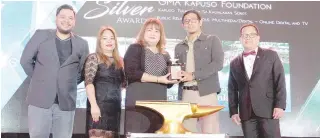  ??  ?? During the awarding ceremony, from left: PRSP Secretary Mikey de Quiros, PRSP Director Ana Pista, GMAKF EVP and COO Rikki Escudero- Catibog, GMAKF Senior Project Engineer Edgar Eniego,and PRSP Vice President-Internal and 54th Anvil Awards Chairman Andy Saracho.