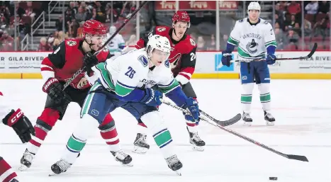  ?? CHRISTIAN PETERSEN/GETTY IMAGES ?? Antoine Roussel has been slowly working himself back into peak conditioni­ng since returning from a concussion about four weeks ago, and his aggressive, pestering style of play may be one of the pieces Vancouver has been missing the last couple years.