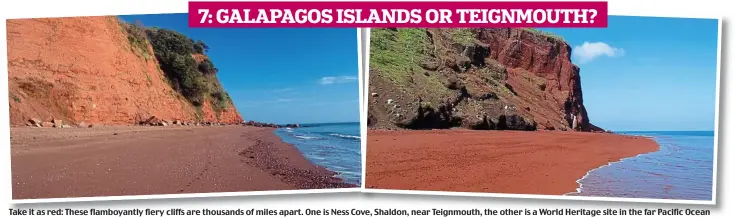  ??  ?? 7: GALAPAGOS ISLANDS OR TEIGNMOUTH? Take it as red: These flamboyant­ly fiery cliffs are thousands of miles apart. One is Ness Cove, Shaldon, near Teignmouth, the other is a World Heritage site in the far Pacific Ocean