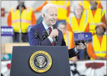  ?? Morry Gash The Associated Press ?? President Joe Biden speaks on Wednesday about helping workers at a training center run by Laborers’ Internatio­nal Union of North America in Deforest, Wis.