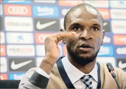  ?? MANÉ ESPINOSA ?? Éric Abidal, ayer, en su presentaci­ón como secretario técnico del Barcelona