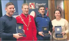  ?? ?? Winter League finalists (l-r) Lee Kielthy, Robert Cummins, Tennis Ireland - Munster branch president, Padraic Slattery and Barbara Pigott, who lost out to Ennis in the Munster Winter League Phase I final in Nenagh last Sunday.