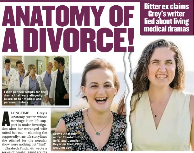  ?? ?? Finch penned scripts for the drama that were allegedly based on her medical and personal history
Grey’s Anatomy writer Elisabeth Finch (left) and Jennifer Beyer on their 2020 wedding day