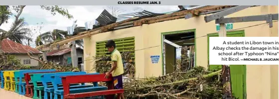  ?? —MICHAEL B. JAUCIAN ?? A student in Libon town in Albay checks the damage in his school after Typhoon “Nina” hit Bicol.