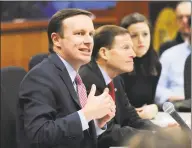  ?? Bob Luckey Jr. / Hearst Connecticu­t Media ?? Sens. Chris Murphy and Richard Blumenthal, both D-Conn., at a Greenwich public forum on gun volence on March 2.