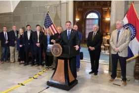  ?? AP PHOTO/DAVID A. LIEB ?? Missouri Attorney General Andrew Bailey, a Republican, speaks Thursday to reporters at the state Capitol in Jefferson City, Mo.