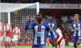  ?? Rose/Getty Images ?? Tariq Lamptey celebrates scoring Brighton’s third goal of the evening. Photograph: Clive