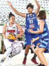  ?? JAWA POS FILE ?? KERUGIAN: Jovita Elizabeth (kiri) berhadapan dengan pemain Thailand Kanokwan Prajuapsoo­kdari dalam event Road To Asian Games 2018 3x3 basketball di Jakarta (1/12/17).