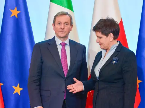  ??  ?? SHAKE ON IT: Polish Prime Minister Beata Szydlo greets Taoiseach Enda Kenny during his trip to Warsaw last Thursday. The visit comes at time when the previously plodding eurozone economy looks like it might finally be on the up again