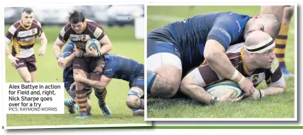  ??  ?? Alex Battye in action for Field and, right, Nick Sharpe goes over for a try
PICS: RAYMOND MORRIS