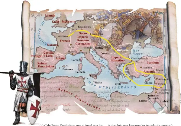  ??  ?? SEGUNDA CRUZADA.
Luis VII partió de Vézelay (Francia); y el teutón Conrado III, de Spira. Tras su derrota en Damasco, Conrado se dirigió a Constantin­opla, siguiendo la ruta del mapa.