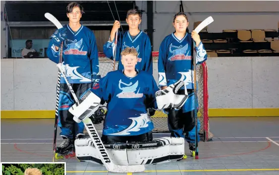  ??  ?? Northland’s inline hockey stars have their game faces on — (back, from left), Chay Edwards, 14, Aaron Riddell, 12, Emily Freakley, 12, and (front) Zane Cooper, 13.