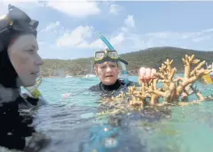  ?? AP ?? Australian senator Pauline Hanson listens to marine scientist Alison Jones, left, as she displays a piece of coral on the Great Barrier Reef, Queensland on Nov 25, 2016.