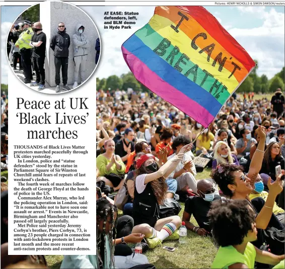  ?? Pictures: HENRY NICHOLLS & SIMON Dawson/reuters ?? AT EASE: Statue defenders, left, and BLM demo in Hyde Park