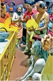  ?? ?? Four sadhus were brought for darshan of Lord Venkateswa­ra and Goddess Padmavathy on Friday.