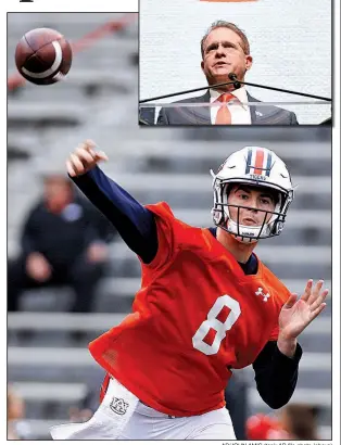  ?? AP/JOHN AMIS (top); AP file photo (above) ?? TOP Auburn Coach Gus Malzahn speaks during SEC football media days July 19 at the College Football Hall of Fame in Atlanta. Malzahn and the Tigers are hoping to put a loss to Georgia in last season’s SEC Championsh­ip Game behind them. “I just really sense urgency and a hunger from this group,” he said. ABOVE Auburn quarterbac­k Jarrett Stidham passes the ball during the first half of Auburn’s spring game April 7 in Auburn, Ala. Stidham is back to lead the offense after completing 246 of 370 passes for 3,158 yards, 18 touchdowns and 6 intercepti­ons.