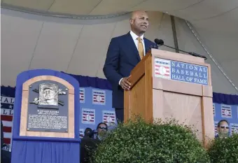  ?? ASSOCIATED PRESS ?? CLOSING REMARKS: Yankees legend Mariano Rivera, the career leader in saves, delivers his Baseball Hall of Fame induction speech yesterday in Cooperstow­n, N.Y.