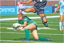  ?? STAFF PHOTO BY OLIVIA ROSS ?? Chattanoog­a FC goalkeeper Caroline Johnson reaches for the ball as an Alabama SC player hurdles her during Saturday’s match at Finley Stadium.