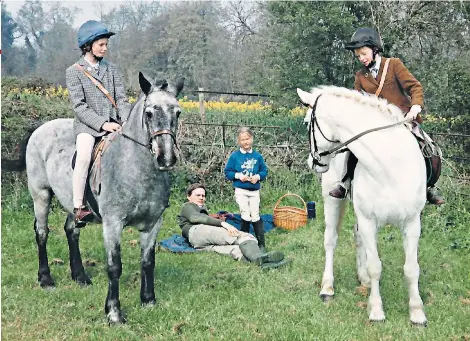  ??  ?? A young Marina Fogle on Jester (above left), with her father and sisters Olivia (centre) and Chiara. Below: Fogle today. She still has friends she met at Pony Club