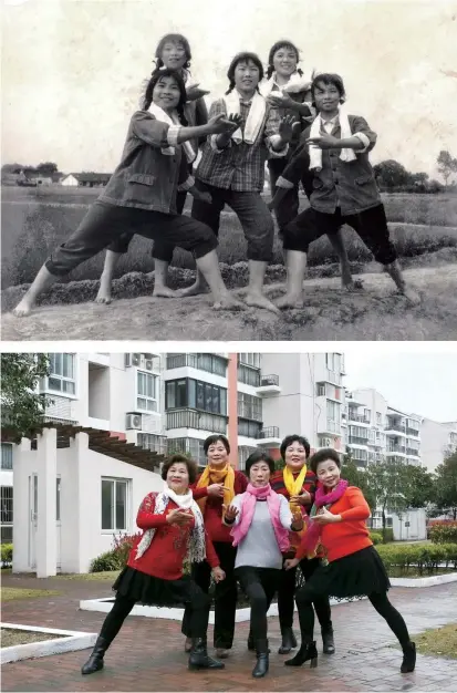  ??  ?? Five women (below) pose for a 2018 photo at the same spot as a photo of them taken four decades earlier (above) in what was then rural farmland. — Tao Songhua