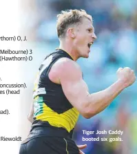  ??  ?? B. Brown (North Melbourne) 0 J. Darling (West Coast) 0 J. Hogan (Melbourne) 5 J. Riewoldt (Richmond) 0 J. Caddy (Richmond) 6, L. Breust (Hawthorn) 0, J. Cameron (Greater Western Sydney) 2 22: L. Franklin (Sydney) 1 , J. Waite (North Melbourne) 3 21: J....