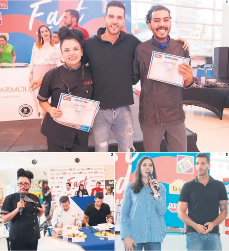  ??  ?? (1) Angie Relyea y Jesús Bonilla junto al chef invitado especial, Jesús Díaz. (2) La chef que participó en el desafío, Angie Relyea, al momento de realizar su presentaci­ón. (3) Ellos fueron los jueces del Fast Food Challenge. (3) Paola Chinchilla junto...